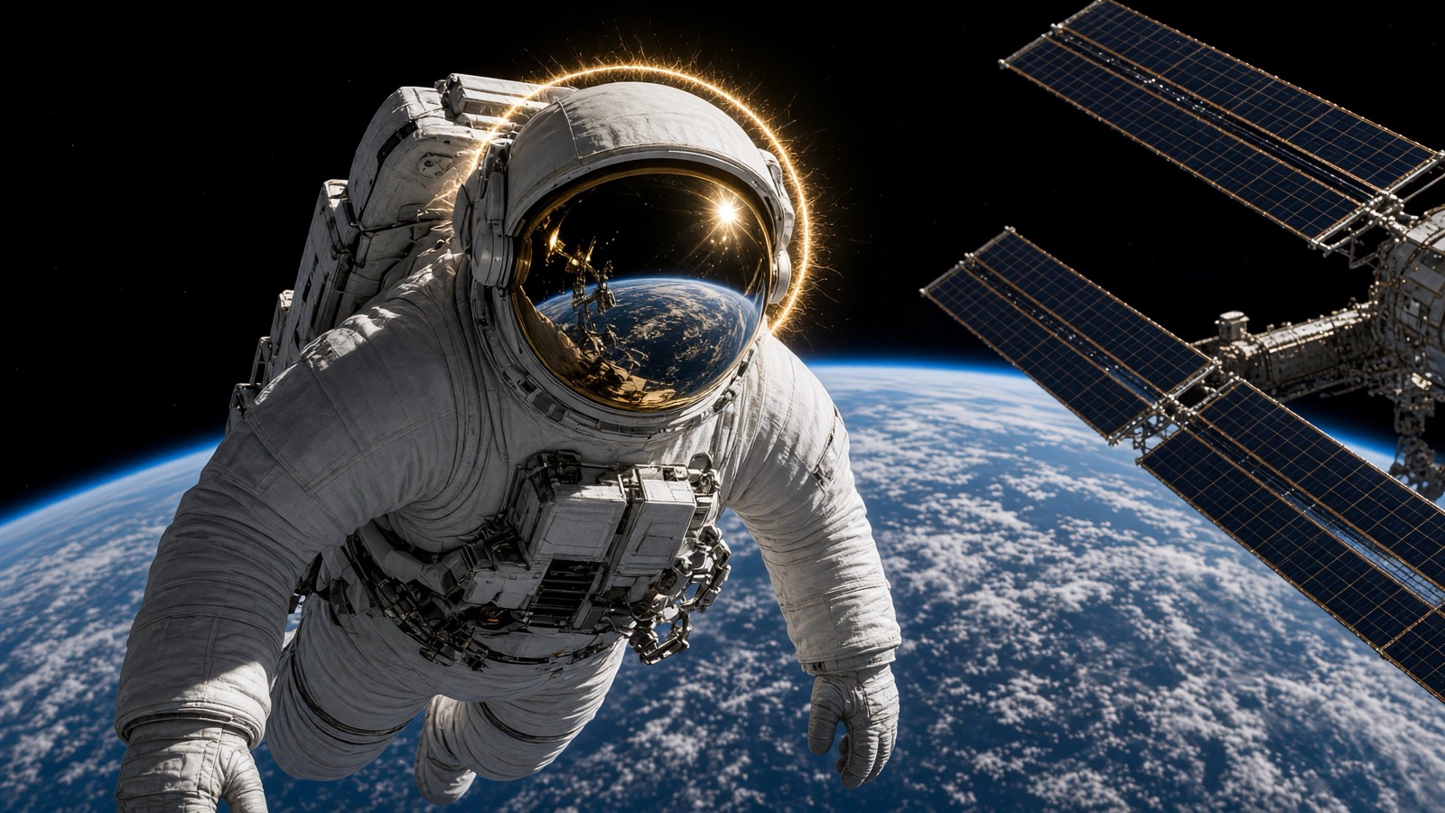 Astronaut in a white EVA suit above Earth, gold visor, solar arrays